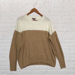 Vince Camuto Womens Colorblock Sweater Cream Tan Crew Neck Knit Pullover Medium